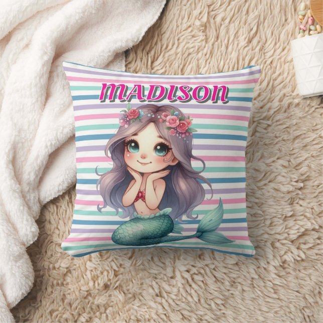 Custom Pink Mermaid striped pattern  Throw Pillow (Blanket)