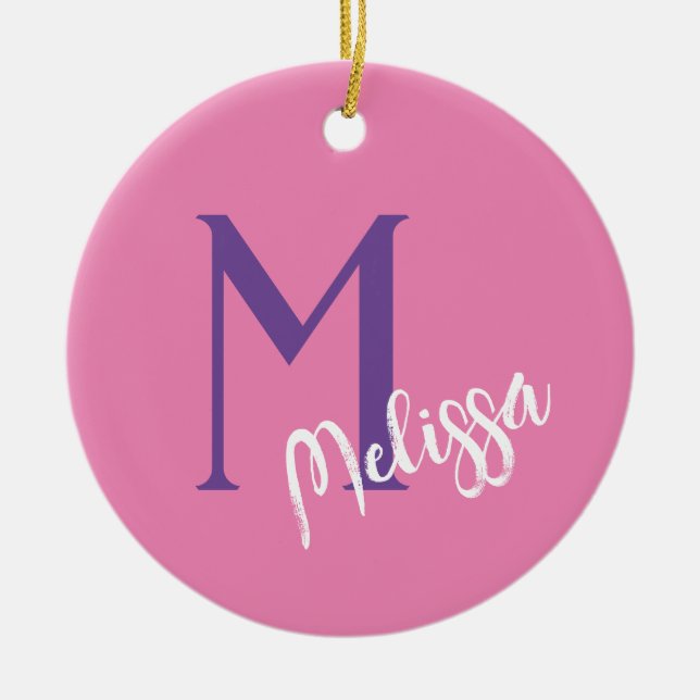 custom pink monogram name Christmas girls  Ceramic Ornament (Front)