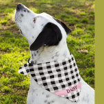 Custom Pink Name on Buffalo Check Plaid Bandana<br><div class="desc">Printed on one side, black and white buffalo check plaid pattern bandana with dog's name on a pink band. Two sizes available: 18"x18" (kids, small dogs) and 22"x22" (adults, large dogs). Easily change name using the Template provided. Lightweight fabric that breathes well and dries quickly. 100% spun polyester. See "About...</div>