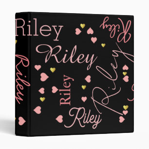 Custom Pink Name with Romantic Hearts Girly Black Binder