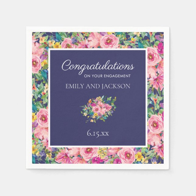 Custom Pink Navy Blue Watercolor Floral Engagement Napkin (Front)