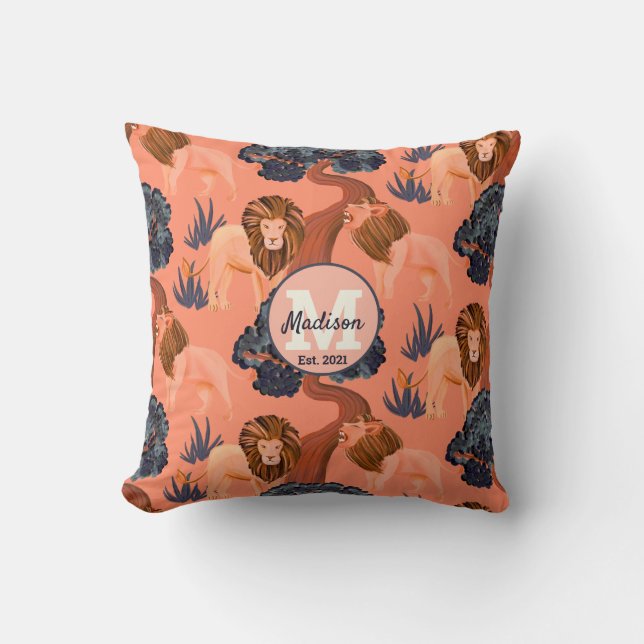 Custom Pink, Orange and Navy Safari Lion Pattern Throw Pillow (Front)