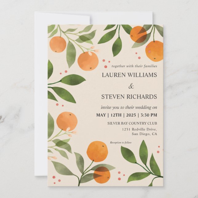 Custom Pink Oranges Green florals Wedding Invitation (Front)