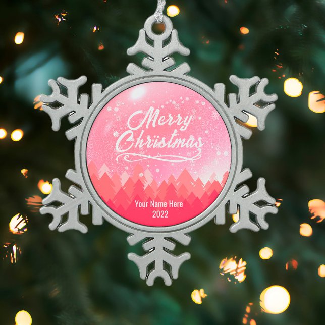 Custom Pink Peaceful Snow Forest Christmas 2022  Snowflake Pewter Christmas Ornament (Creator Uploaded)