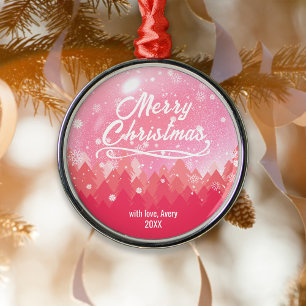 Custom Pink Peaceful Snow Forest Christmas Metal Ornament