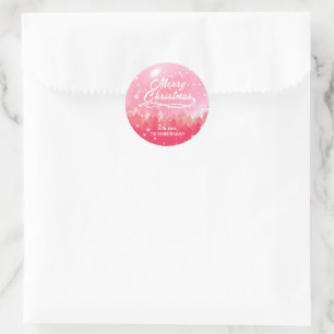 Custom Pink Peaceful Snow Forest Merry Christmas Classic Round Sticker