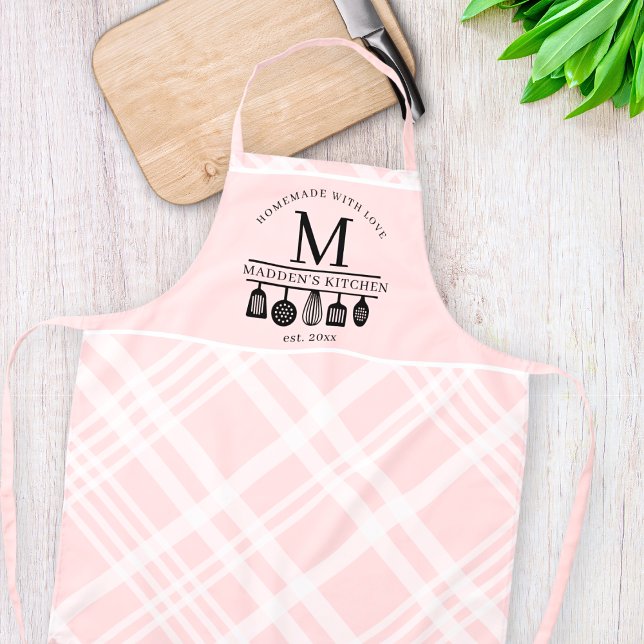 Custom Pink Plaid Kitchen Whisk Utensils Monogram Apron (Creator Uploaded)