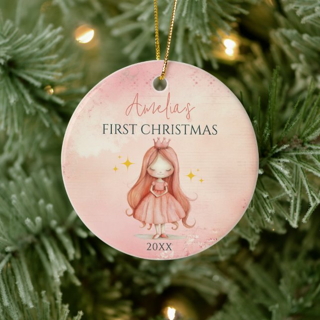 Custom Pink Princess Girl Keepsake 1st Christmas Ceramic Ornament (Tree)