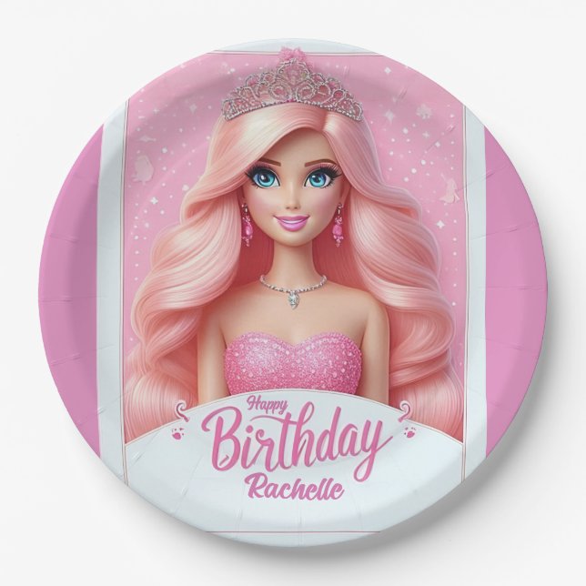 Custom Pink Princess Happy Birthday Paper Plate (Front)