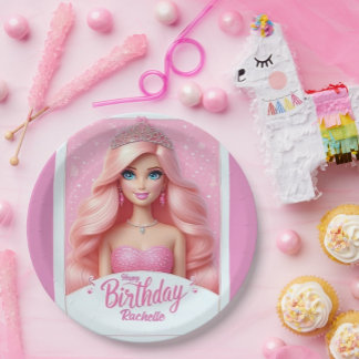 Custom Pink Princess Happy Birthday Paper Plate