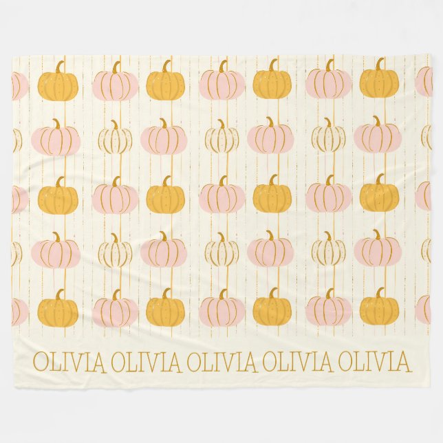 Custom Pink Pumpkin Pattern Orange Striped Fall Fleece Blanket (Front (Horizontal))