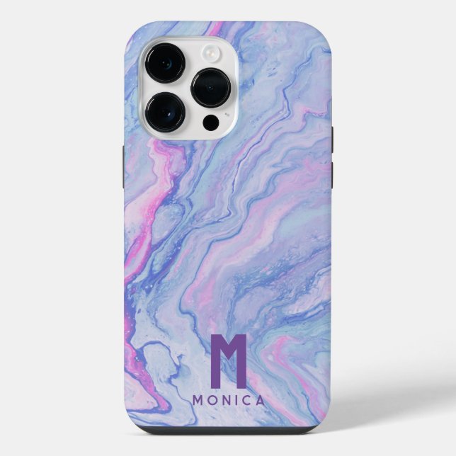 Custom Pink Purple Liquid Marble Paint Monogram iPhone Case (Back)