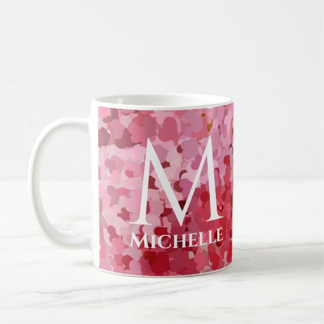 Custom Pink Red Hearts Template Monogram Initial Coffee Mug (Left)
