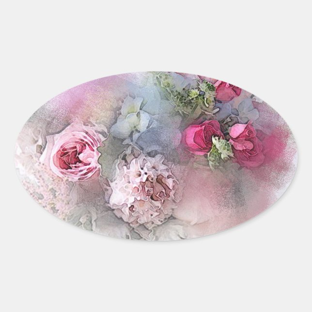 Custom Pink Red Roses Blank Watercolor Art Oval Sticker (Front)
