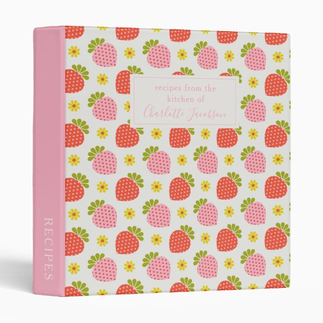 Custom Pink Red Vintage Strawberries Family Recipe Binder (Front/Spine)