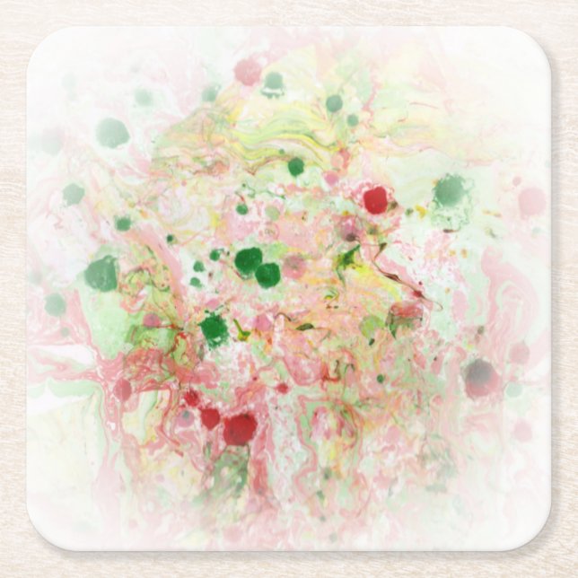 Custom Pink Red Yellow Green Abstract Modern Square Paper Coaster (Front)