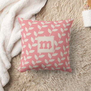 Custom Pink Retro Leaf Pattern Monogram Throw Pillow
