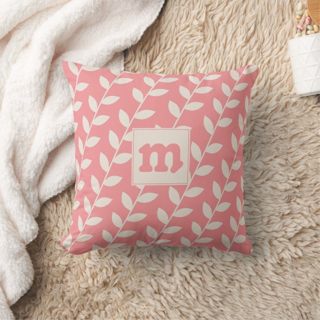 Custom Pink Retro Leaf Pattern Monogram Throw Pillow (Blanket)
