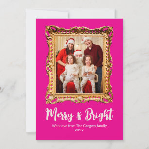 Custom Pink Retro Photo Frame Merry And Bright Holiday Card