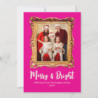 Custom Pink Retro Photo Frame Merry And Bright Holiday Card