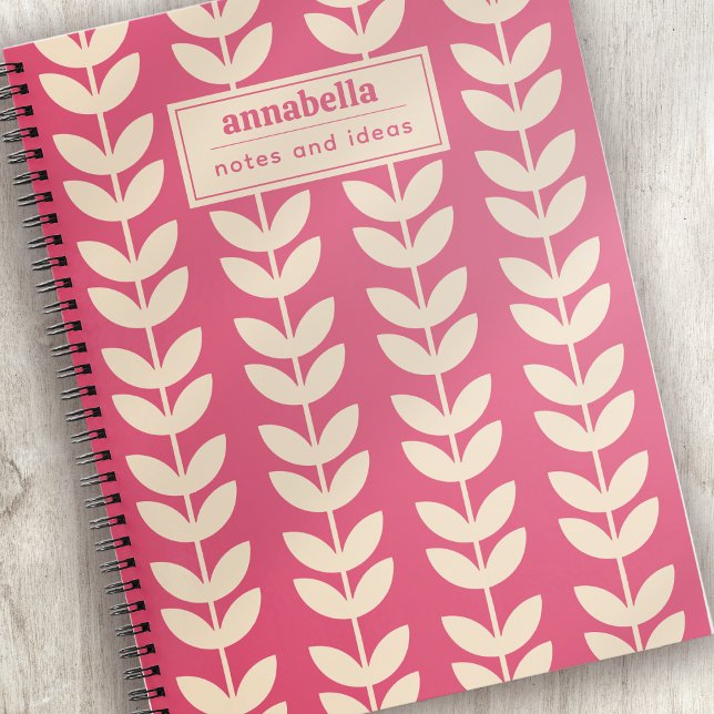 Custom Pink Retro Vibe Leaf Pattern Monogram Notebook (Creator Uploaded)