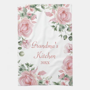 Custom Pink Rose Floral Grandma Kitchen Towel