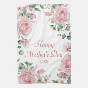 Custom Pink Rose Floral Happy Mothers Day  Kitchen Towel