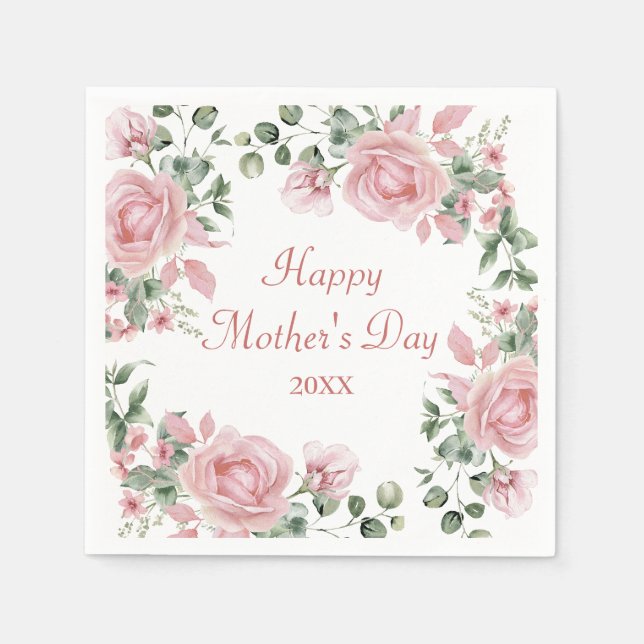 Custom Pink Rose Floral Happy Mothers Day  Napkin (Front)