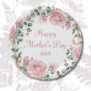 Custom Pink Rose Floral Happy Mothers Day  Paper Plate