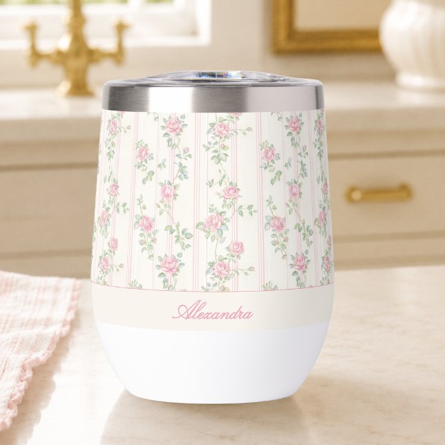 Custom Pink Rose Floral Monogram (elegant grandmillennial coquette pink rose floral wine tumbler with custom monogram name)