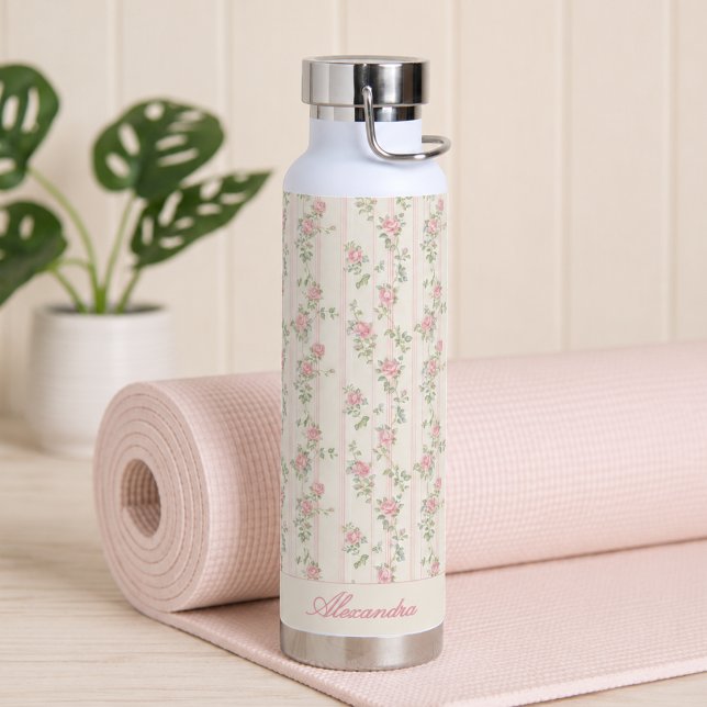Custom Pink Rose Floral Monogram Water Bottle (elegant grandmillennial coquette pink floral rose water bottle with custom name monogram)