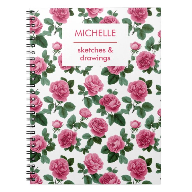Custom Pink Rose Floral Pattern Notebook (Front)