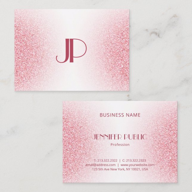 Custom Pink Rose Gold Glitter Modern Monogram Busi Business Card (Front/Back)