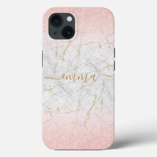 Custom Pink Rose Gold Marble Glitter Phone 11 12 Case-Mate iPhone Case (Back)
