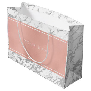 Custom Pink Rose Gold Metallic Minimal Marble Grey Large Gift Bag