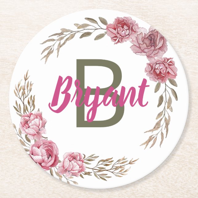 Custom Pink.Rose Monogram Design Round Paper Coaster (Front)