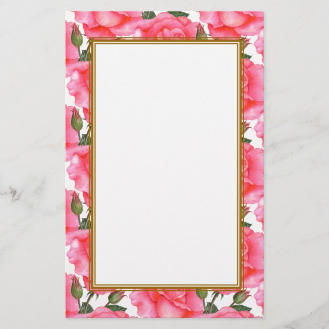 Custom Pink Roses Floral Art Stationery (Front)
