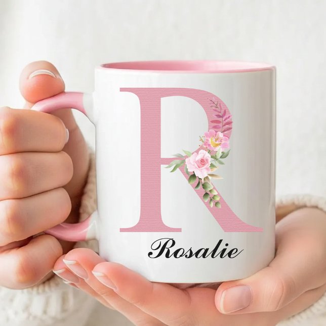 Custom Pink Roses Monogram Mug Gift for Mom, Women (Personalized Rose Mug Christmas Gift for Her, Floral Monogram Coffee Mug Thank You Gift for Her)