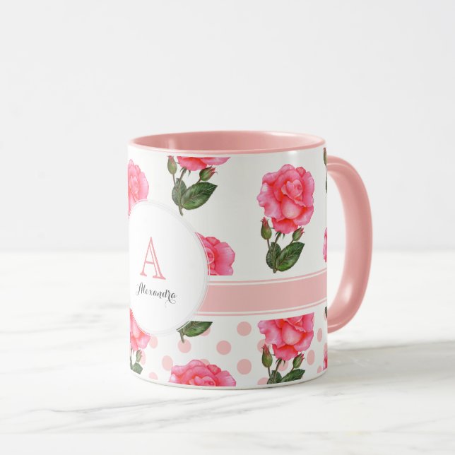 Custom Pink Roses Polka Dot Monogram Circle Mug (Front Right)