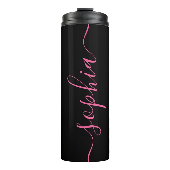 Custom Pink Script Name Black Thermal Tumbler (Front)