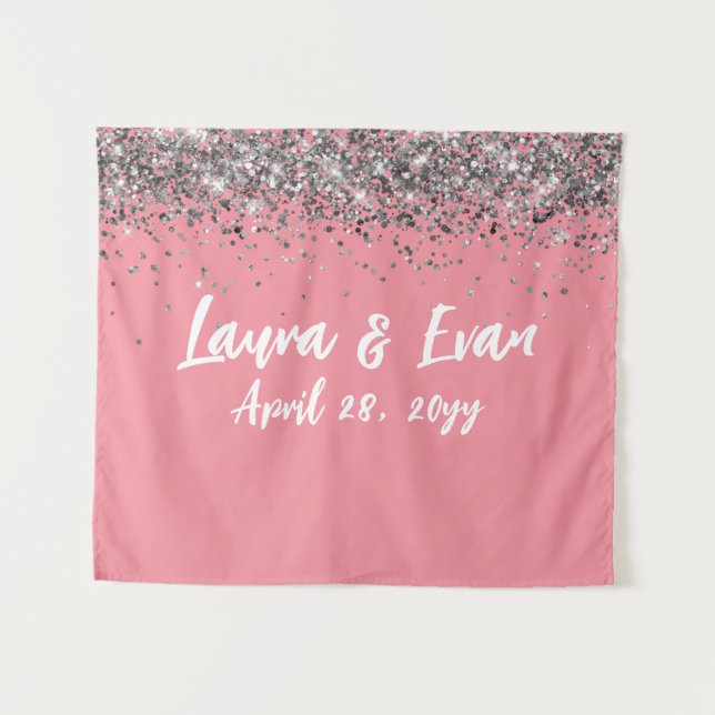 Custom Pink & Silver Glitter Wedding Photo Booth Tapestry (Front (Horizontal))