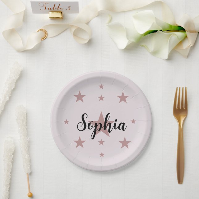 Custom Pink Star Paper Plates – Personalized Name (Wedding)