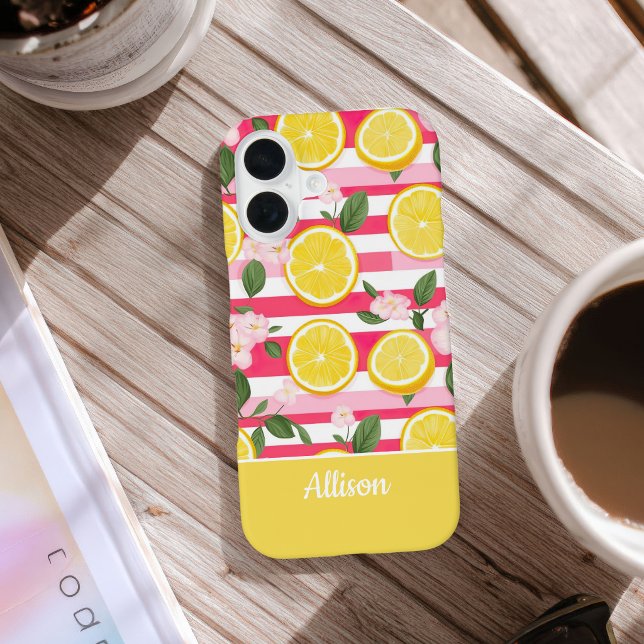 Custom Pink Stripes Summer Lemon Pattern  iPhone 16 Case (Creator Uploaded)