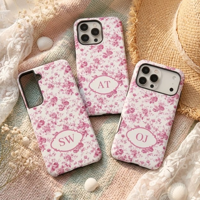 Custom Pink Toile Monogram Phone Case Gift for Her (bridal shower gift, engagement gift for her, wedding gift for bride, case gift for bride to be)