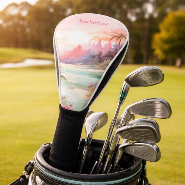Custom Pink Tropical Beach Name Golf Head Cover (Creator Uploaded)