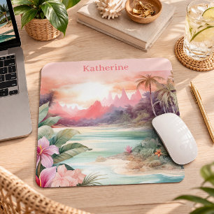 Custom Pink Tropical Beach Name Mouse Pad