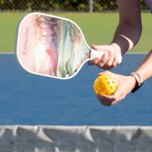 Custom Pink Tropical Beach Name Pickleball Paddle