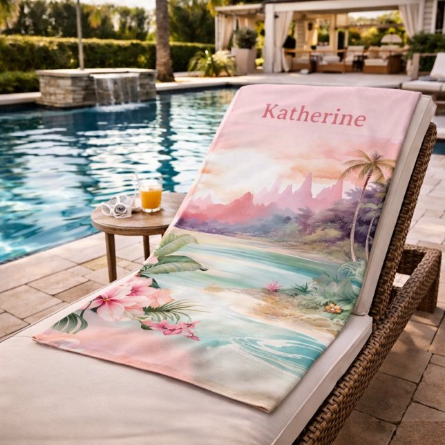 Custom Pink Tropical Beach Name Towel (Creator Uploaded)