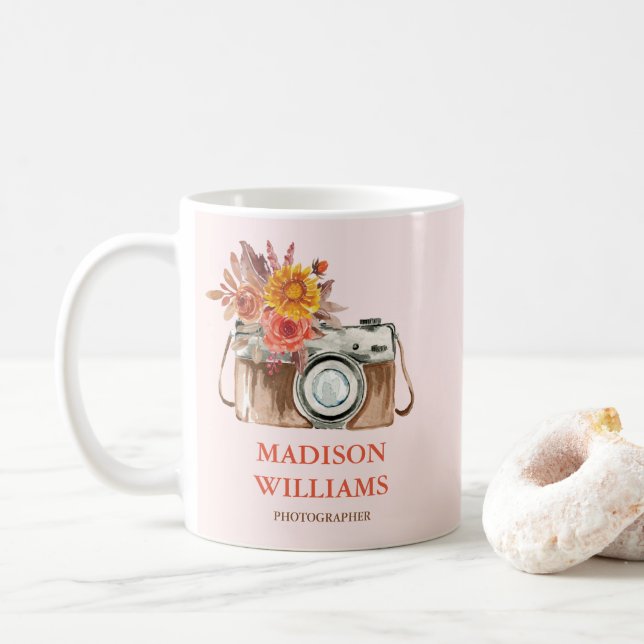 Custom Pink Vintage Camera Photographer Gift Coffee Mug (With Donut)