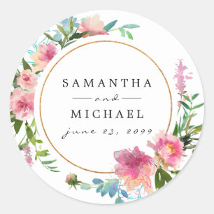 Custom Pink Watercolor Peony and Gold Wedding Classic Round Sticker